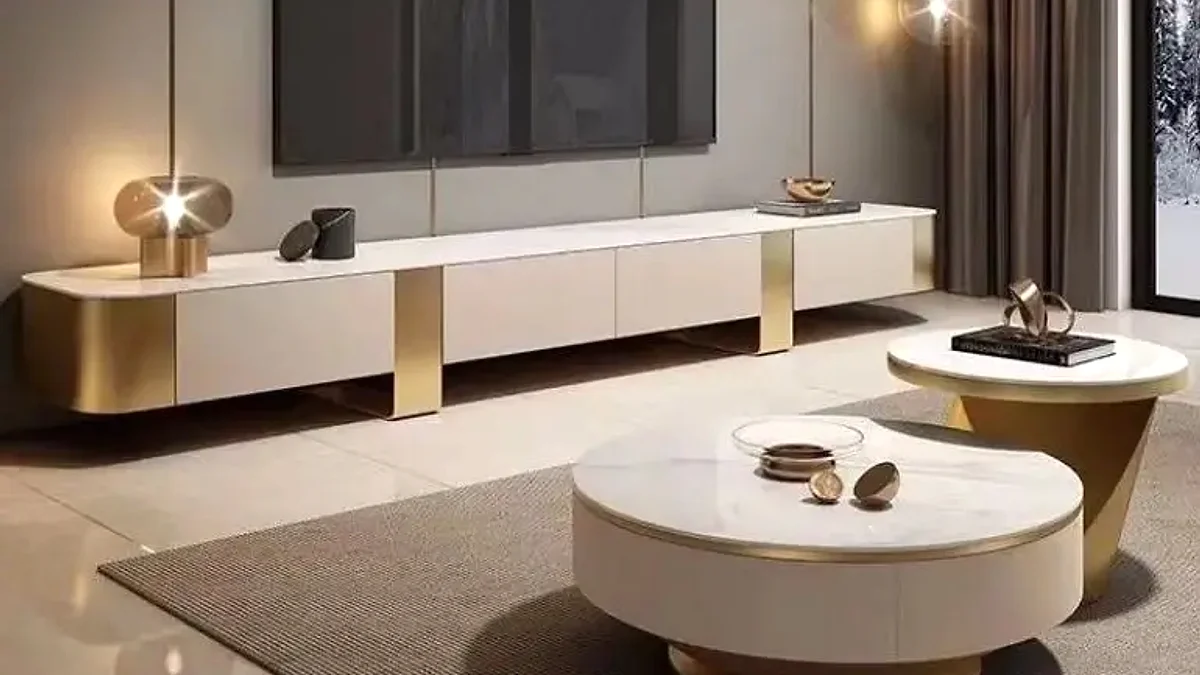 Salon glamour z komodą RTV i stolikami kawowymi Modekor.pl